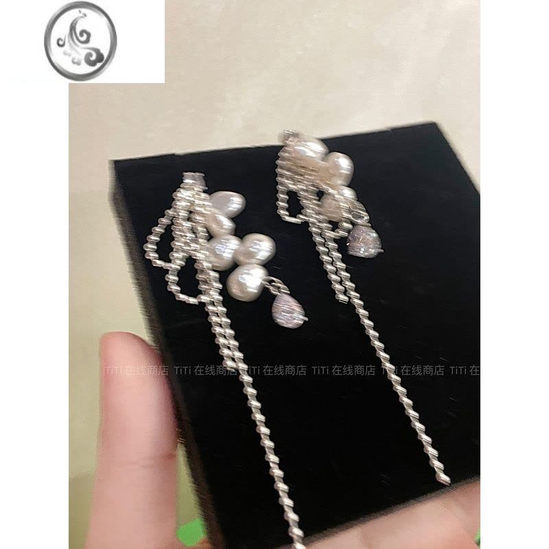 JiMi好货~手作花瓣高亮珍珠水滴锆石长款流苏耳饰高级感耳钉耳环耳夹图片