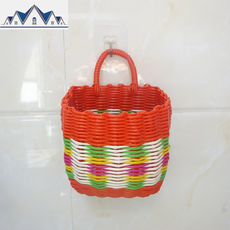 塑料编织收纳篮筐浴室厨房单把小挂篮宿舍挂式收纳盒壁挂置物篮子 三维工匠 桔色花色