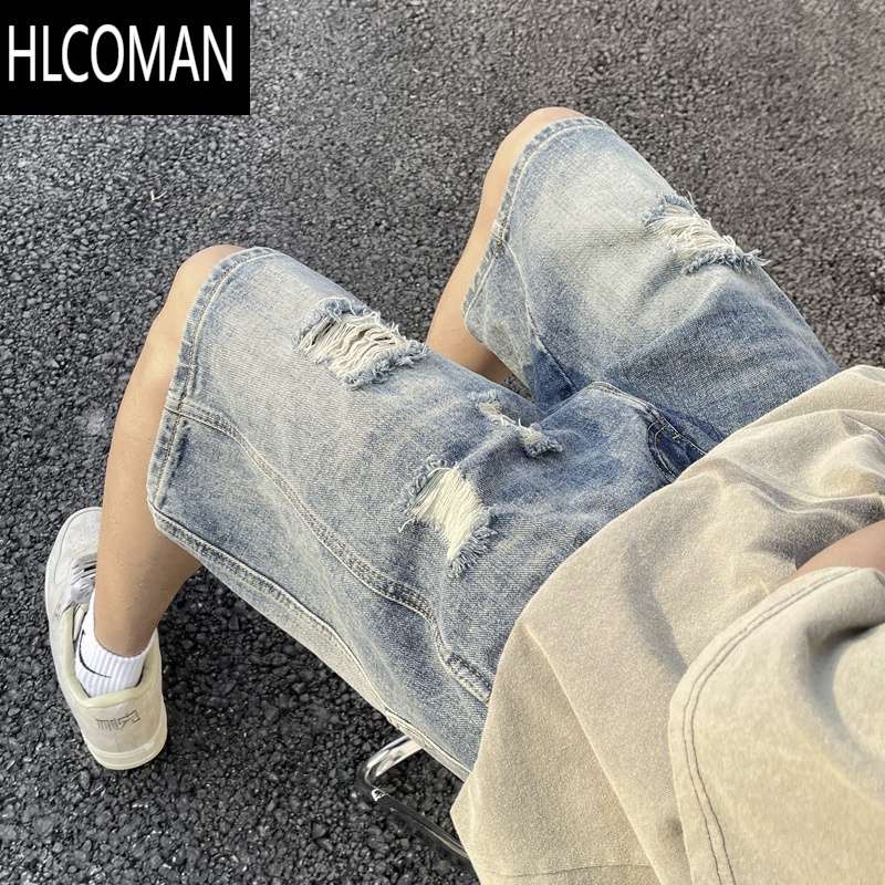 HLCOMAN美式休闲复古乞丐破洞牛仔短裤男宽松潮流痞帅五分裤夏季薄款中裤