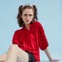 美特斯·邦威短袖衬衫女夏季新款甜美刺绣衬衣荷叶领ins打底衫