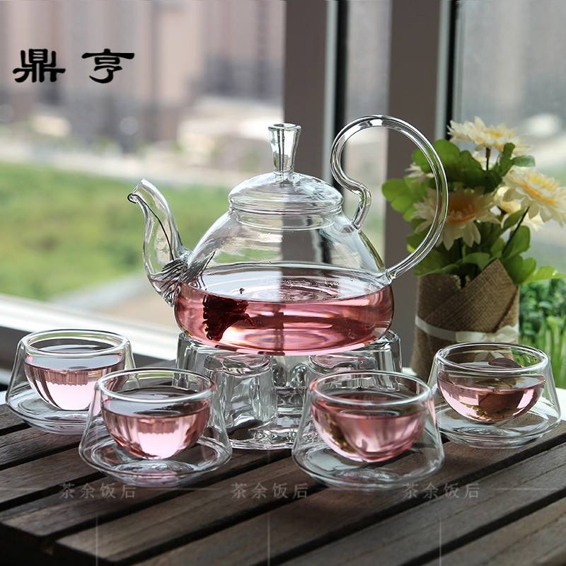 鼎亨家用简约耐热玻璃花果茶具套装 泡花茶壶茶杯子加热透明煮水