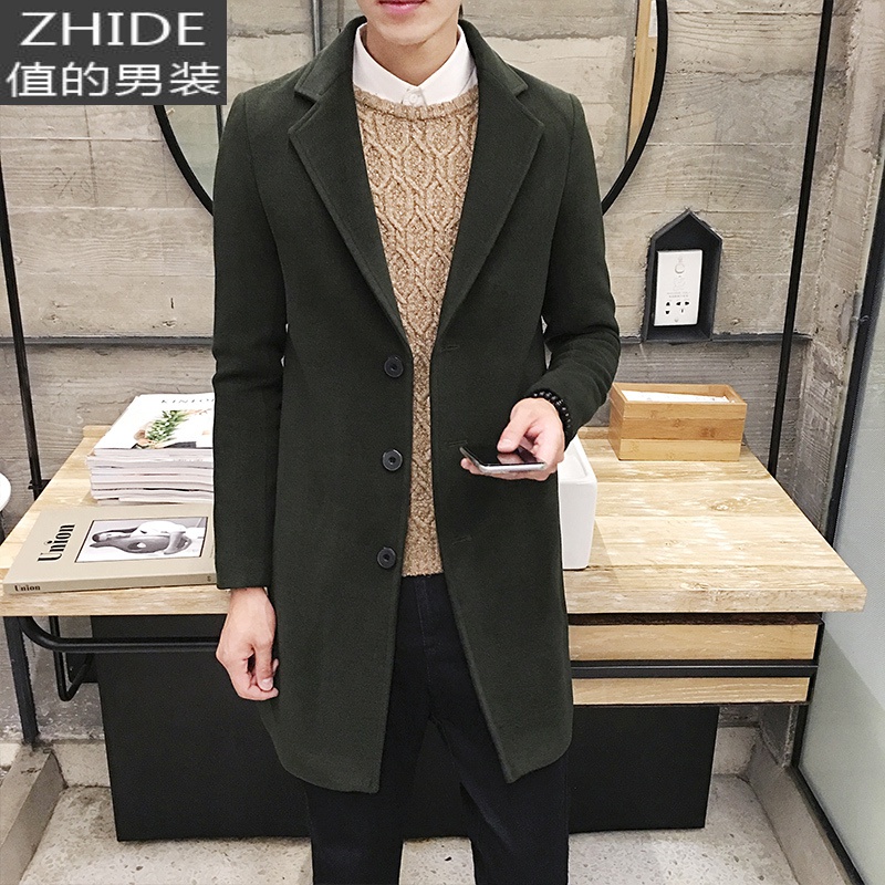 SUNTEK中长款风衣男士韩版修身潮流2020新款毛呢子大衣秋冬痞帅黑色外套风衣高清大图