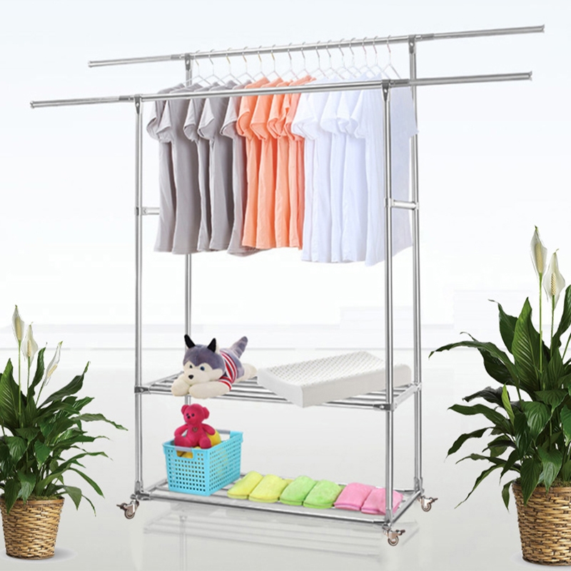 全加厚304不锈钢双杆滑轮晾衣架落地阳台伸缩凉衣杆晒被挂衣服架