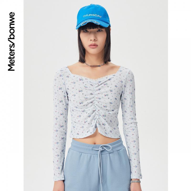 [1件5折价:55]美特斯邦威长袖T恤女短款新款夏季时尚碎花抽褶内搭打底上衣