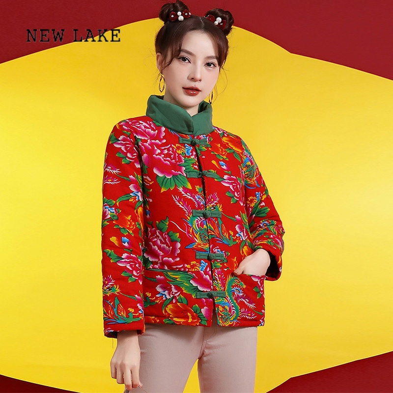 new lake东北大花棉袄女士短款中式盘扣棉服女冬季夹棉加厚外套民族风