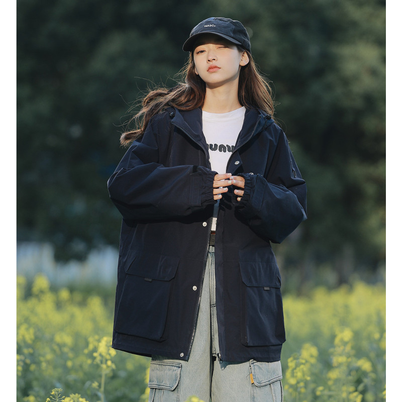 唐狮春季外套女连帽字母印花工装外套宽松bf风登山服百搭潮