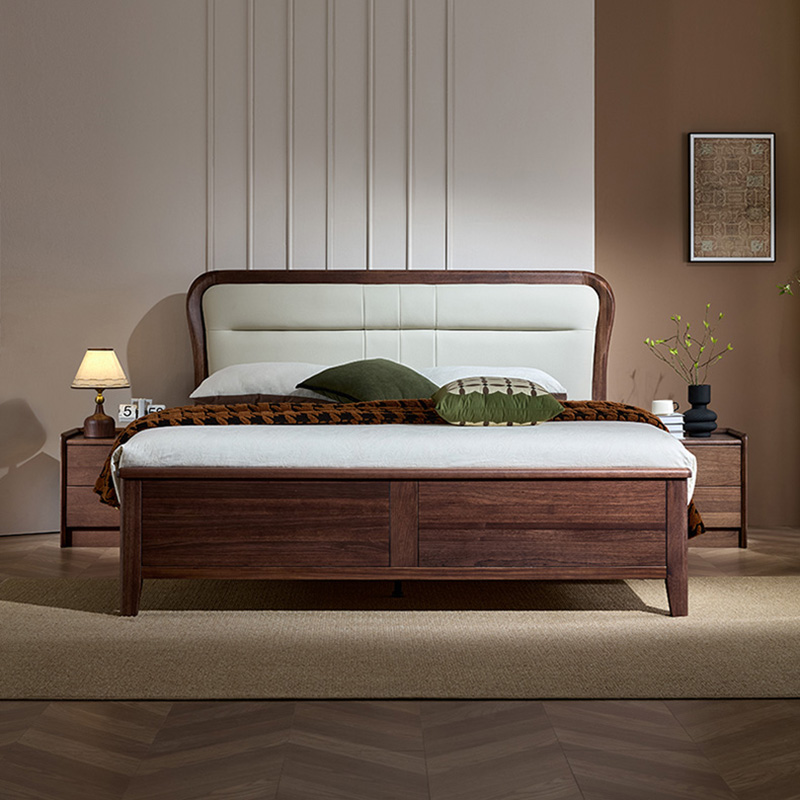 青木川 简约现代南美黑胡桃木全实木床1.8米双人床1.5米两米单人床大板直拼卧室家具带软包家用休闲成人结婚榫卯床架高清大图