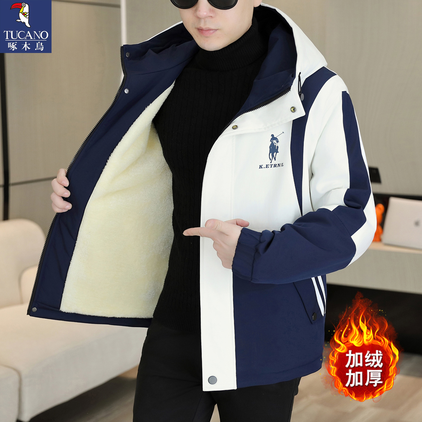 啄木鸟男士外套2025新款男士工装连帽加绒夹克冲锋衣冬季加厚棉工高清大图