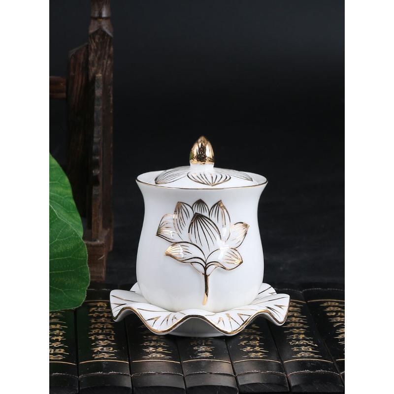 小号描金杯佛前供果盘贡盘家用供佛具供杯花瓶陶瓷描金浮雕香炉供佛