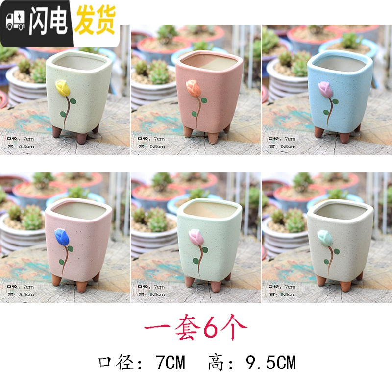三维工匠麦饭石多肉花盆特价陶瓷手绘粗陶复古爆裂创意大老桩盆栽室内 湖蓝色郁金香6个 中等_507