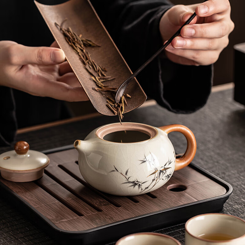 千里谷KLG-CJ06陶瓷功夫茶器一壶四杯带茶盘(含茶夹、茶巾)(计价单位:套)米黄