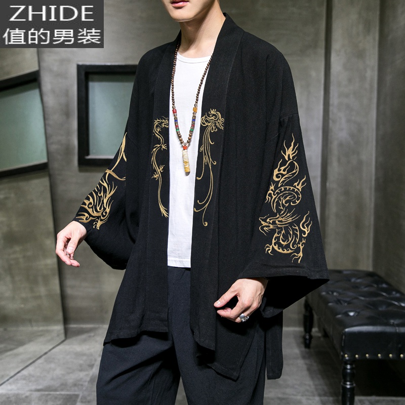 SUNTEK中国风龙刺绣和风和服汉服短款开衫风衣羽织男中式唐装民族复古风风衣