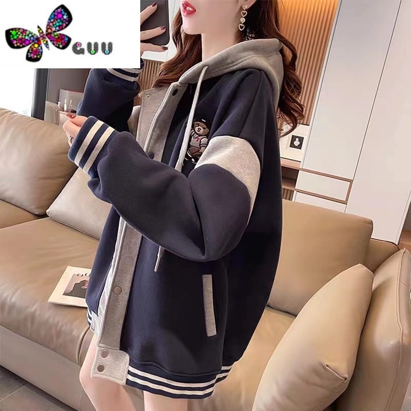 语娄早秋开衫外套女2023新款韩版宽松百搭撞色薄款棒球服卫衣潮