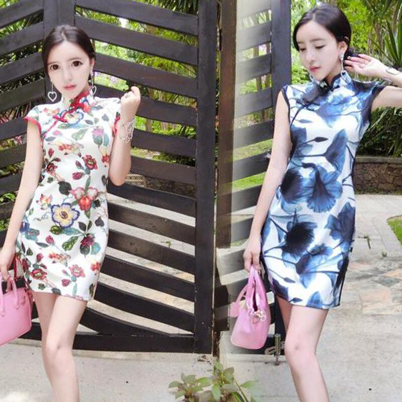 时尚新款夜店性感气质女装旗袍礼服修身花朵开叉显瘦包臀连衣裙潮 杏色花 S