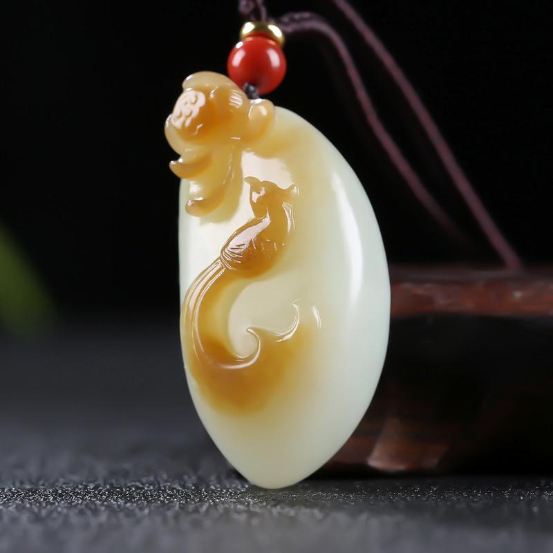 喜事连连新疆和田玉喜鹊莲花吊坠且末糖白玉挂件玉佩天然玉石