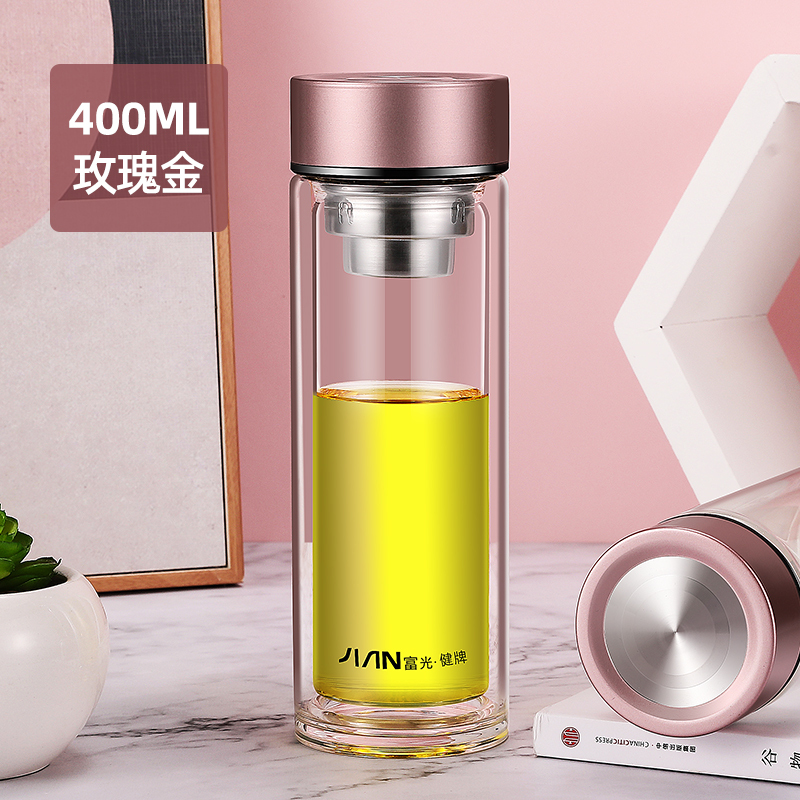 富光(FGA)双层玻璃杯男女加厚商务透明喝茶杯子过滤办公室泡茶水杯 玫瑰金400ml(钢盖+加厚底)(送杯套+杯刷)