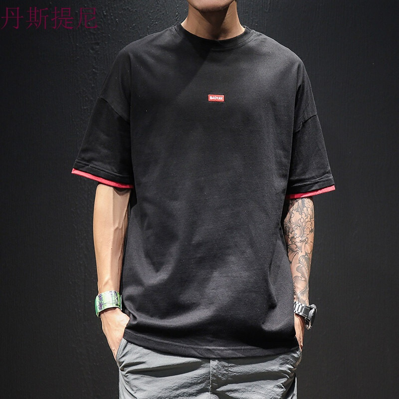 2018夏季假两件短袖恤男士加肥大码宽松半袖体恤衣服韩版潮男装