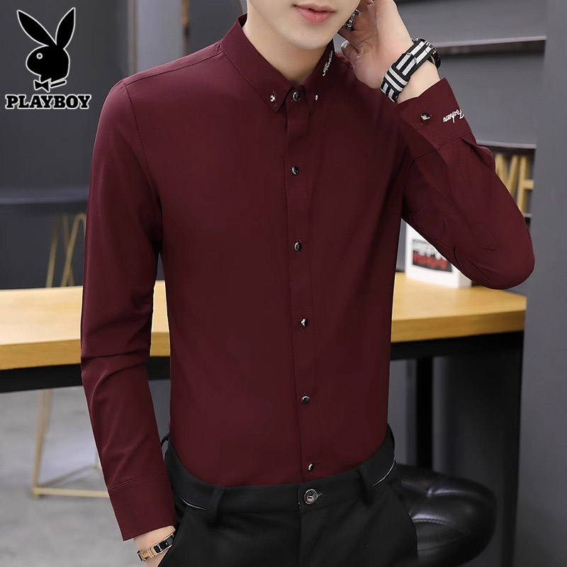 花花公子黑色长袖衬衫男士商务免烫寸衫夏季薄款潮牌休闲衬衣服务 XL推荐121-140斤 6035酒红色