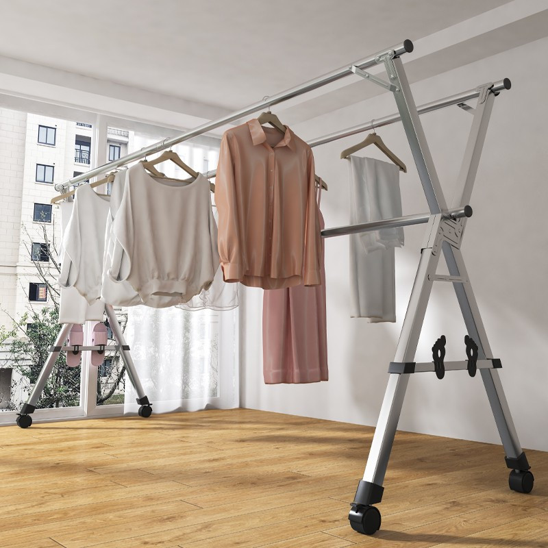 茶花晾衣架落地不锈钢家用室内户外可折叠晾衣杆可移动x型挂衣架2米可