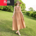 YIBUSHENG棉绸连衣裙2024季波西米亚风新款无袖度假人造棉减龄百搭长裙风 2XL建议115-130斤 卡其色