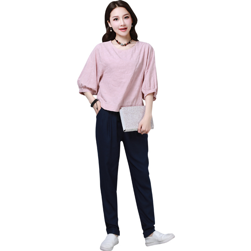 夏款套装女时尚两件套女士新品韩版休闲女士小清新棉麻套装亚麻潮