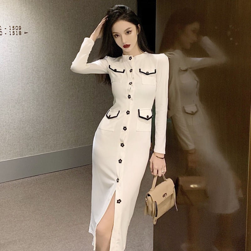 玳恩高端欧货名媛风淑女甜美女神范时尚气质收腰显瘦包臀中长裙连衣裙