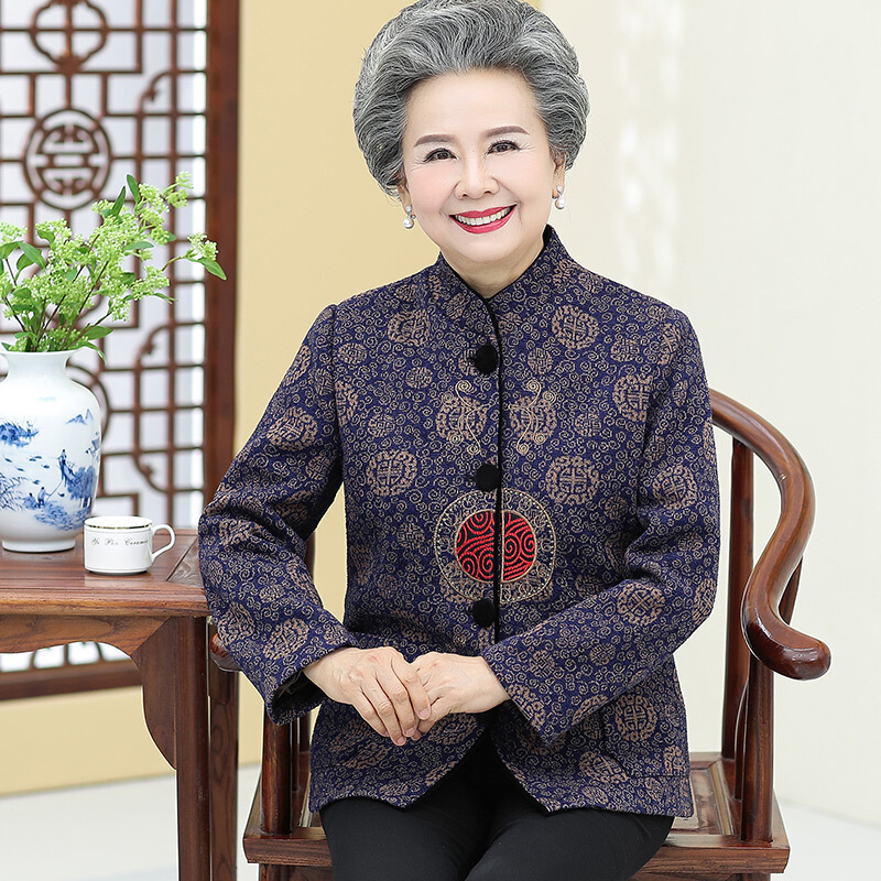 迪鲁奥（DILUAO)高档轻奢中老年人女装秋装外套奶奶装唐装60-70岁80妈妈春秋上衣老人衣服_15 蓝色单上衣 2XL(建议105-120斤)
