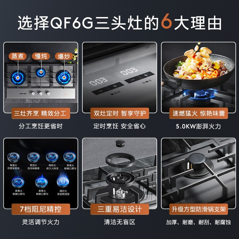 COLMO 家用天然气三头燃气灶 嵌入式灶具5.0kw火力 三区烹饪 爆炒灶具JZT-CST350G-8(QF6G)