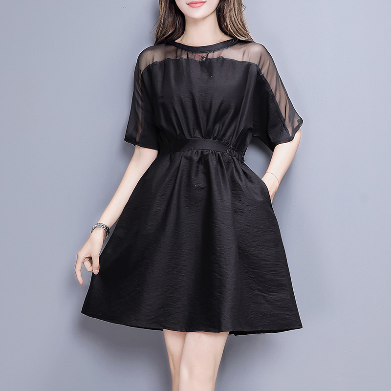 气质麻棉连衣裙女士夏款女装新品韩版白色雪纺拼接收腰显瘦a字裙