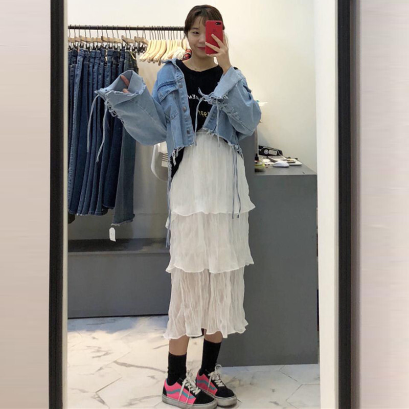 2018夏季韩国chic少女系层层荷叶边裙褶皱雪纺高腰半身裙长裙 白色 均码