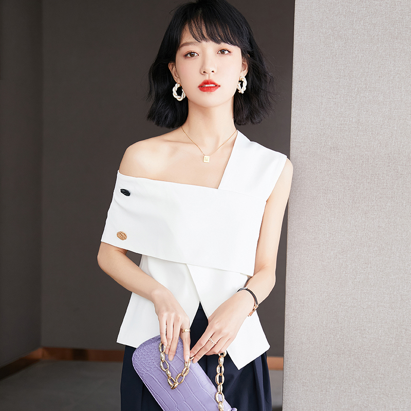 斯尔丽短袖女夏季短装上衣设计感女小众卡腰小衫短款洋气漏肩t恤
