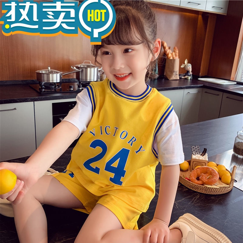 绿彩虹光儿童运动套装2023新款女童夏装洋气短袖T恤短裤两件套女孩球队服