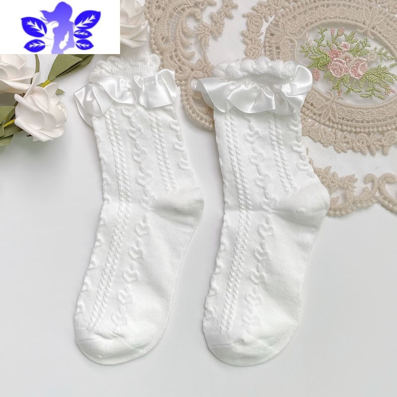 Ideamini 洛丽塔少女缎面花边泡泡口短袜百搭可爱爱心花朵jk中筒袜堆堆袜袜子