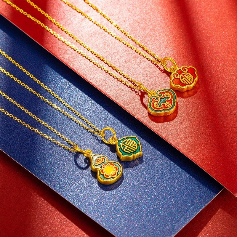 老庙黄金足金黄金吊坠珐琅如意长命锁挂坠定价硬金