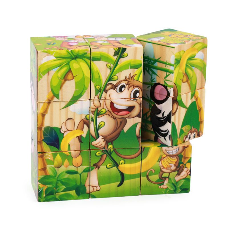 大块木质916粒六面画3d立体恐龙拼图婴儿童早教益智力积木玩具9粒恐龙