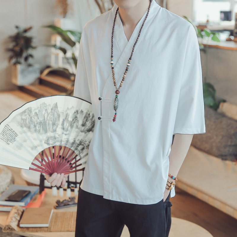 中国风男装中式改良汉服民族古风亚麻棉麻七分袖衬衫夏季中袖衬衣