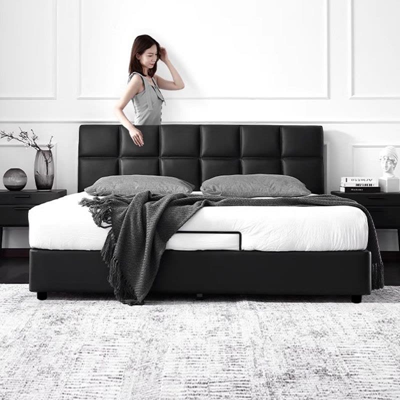 欧梵森意式极简真皮床黑色华夫格主卧小户型婚床现代简约轻奢软包储物床图片