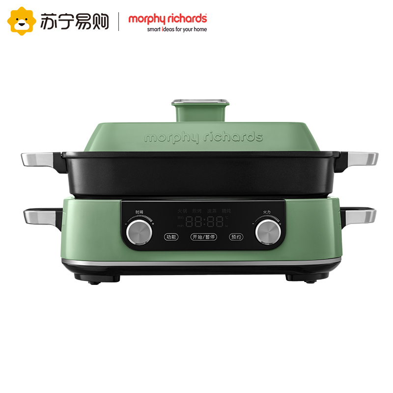 摩飞多功能锅二代分体电火锅家用烤肉涮煎蒸煮电热锅大容量升级触屏预约调时网红料理锅MR9099 清新绿高清大图