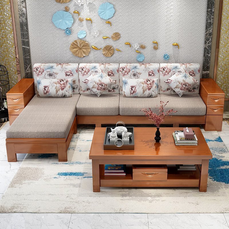 新中式实木客厅沙发茶几组合 现代布艺小户型转角贵妃木沙发床