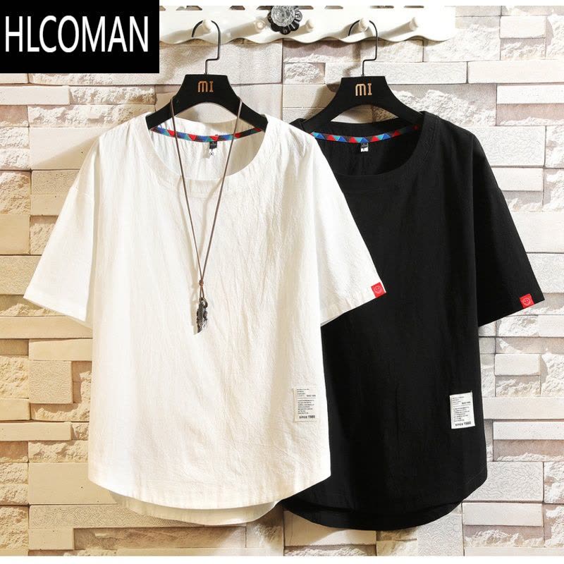 HLCOMAN棉麻短袖t恤男装夏季半袖宽松上衣服休闲潮流大码亚麻薄款体恤衫图片