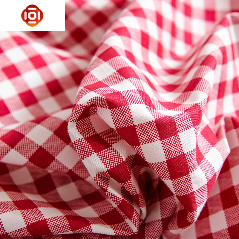 简约现代小红格四件套棉棉格子条纹被套红色床单春夏床上用品三维工匠