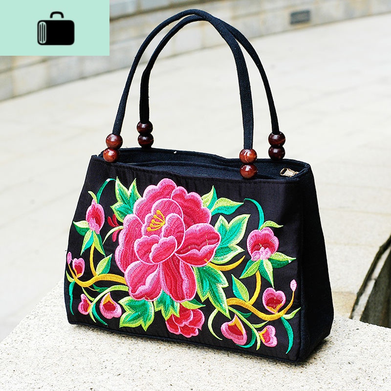 2020新款中老年女包民族风绣花包包刺绣帆布小包中年女士手提包NEWLAKE 【大红花】加大