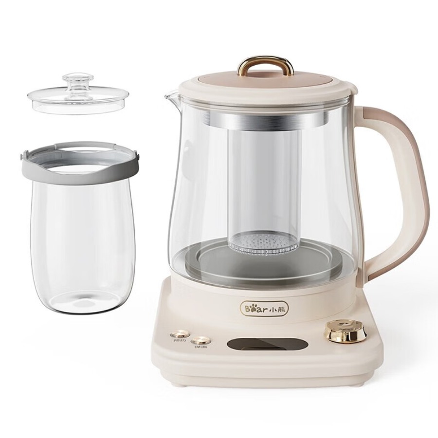 小熊(Bear)养生壶 烧水壶 恒温水壶煮茶器煮茶壶 降噪涂层 带玻璃炖盅1.5升 米白色 YSH-E15L7