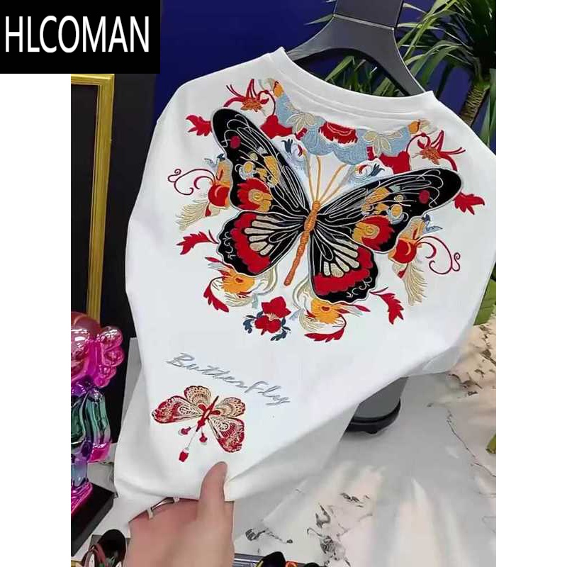 HLCOMAN2024新款经典国潮民族风重工艺蝴蝶刺绣圆领休闲百搭短袖T恤衫男
