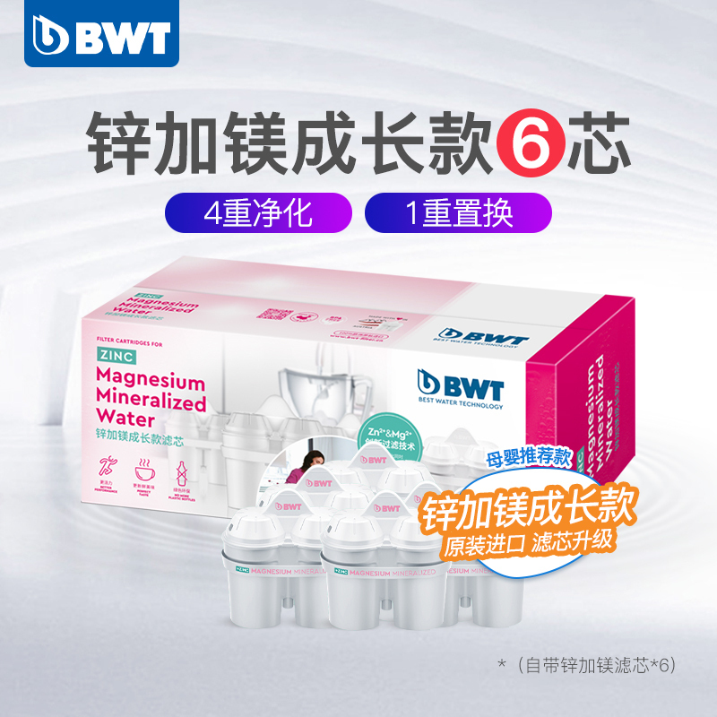 倍世(BWT)滤水壶滤芯第四代锌加镁成长款滤芯6只装净水壶滤芯 家用净水壶滤芯 锌加镁 德国原装进口滤芯