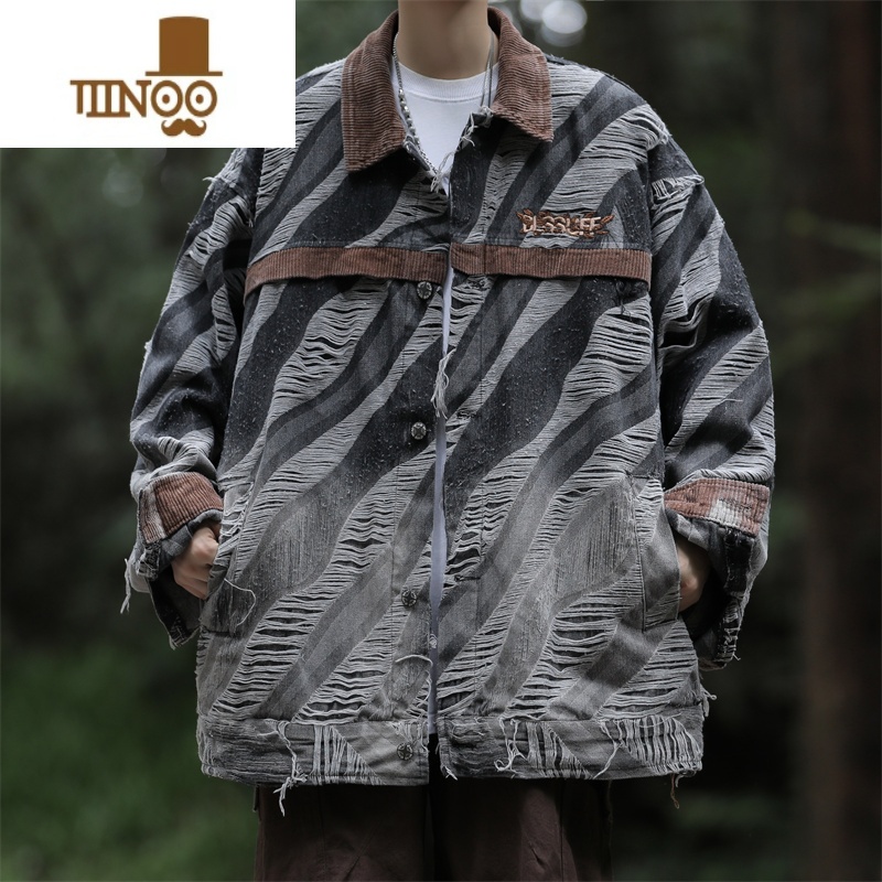 YANXU高街美式渐变色破坏感牛仔外套男拼色设计感小众百搭长袖夹克男生高清大图