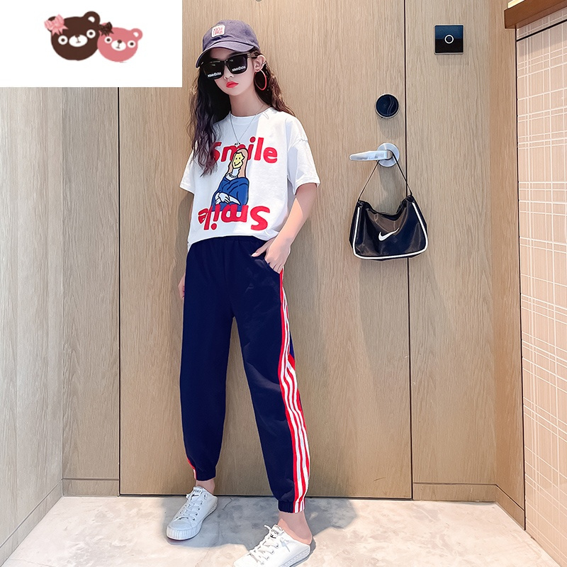 绿彩虹光女童夏装套装2022新款洋气时髦运动夏季童装中大童儿童女孩衣服潮