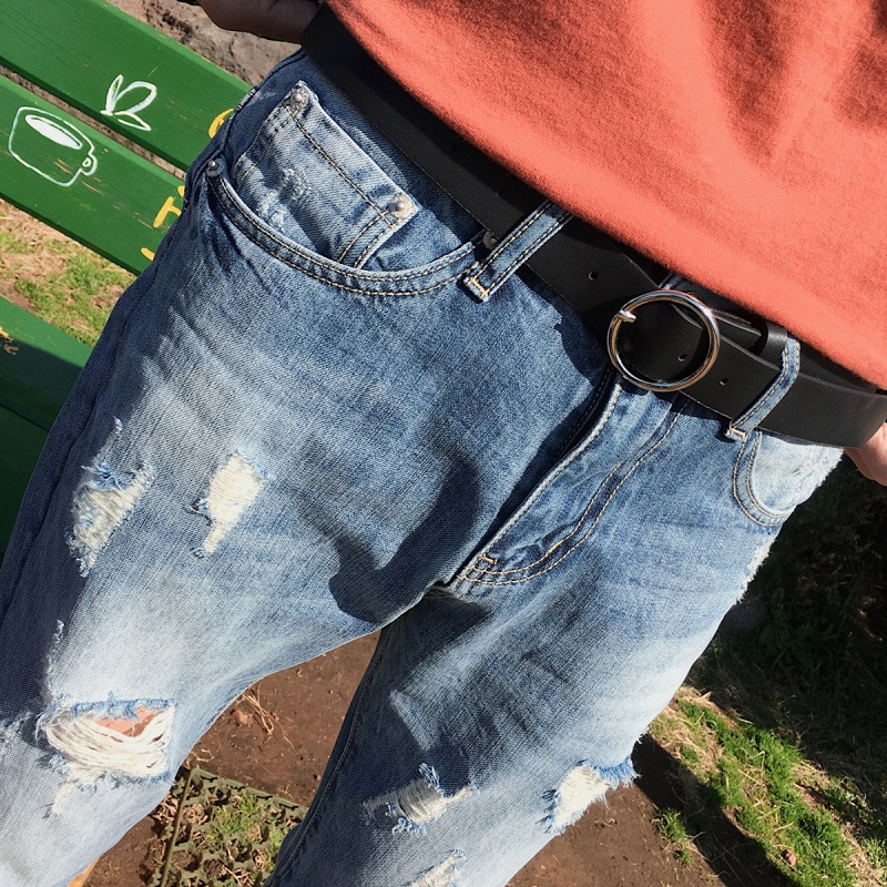 夏装男装夏款裤子学生韩版潮破洞牛仔裤男士小脚九分裤百搭乞丐裤