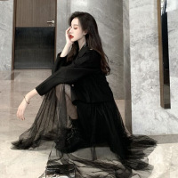波迷娜(BOMINA)秋装2021年新款中长款网纱吊带连衣裙女小西装短外套初秋两件