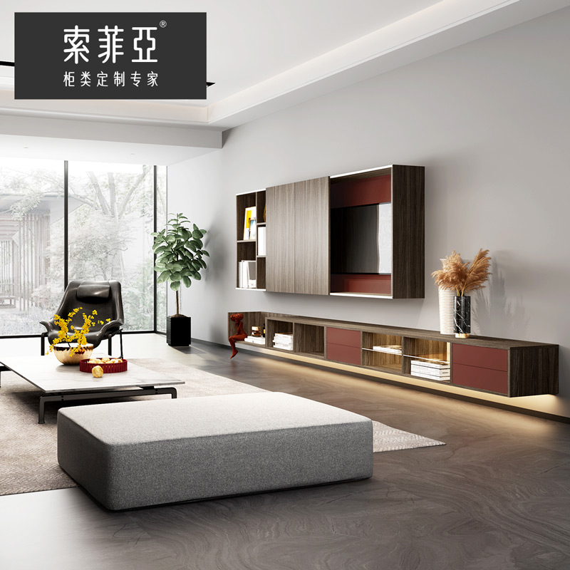 索菲亚客厅电视柜定制时尚简约多功能墙板大容量收纳靠墙置物架4㎡
